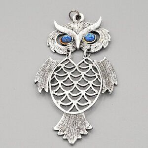 Distressed White Articulated Owl Pendant Beaded Blue Eyes Retro Vintage 4"
